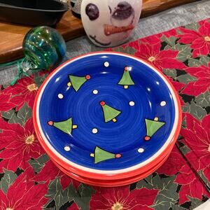 Salute Set of 4 Bright Blue Christmas Tree Party Plates 8-1/4" Diameter FLAWLESS